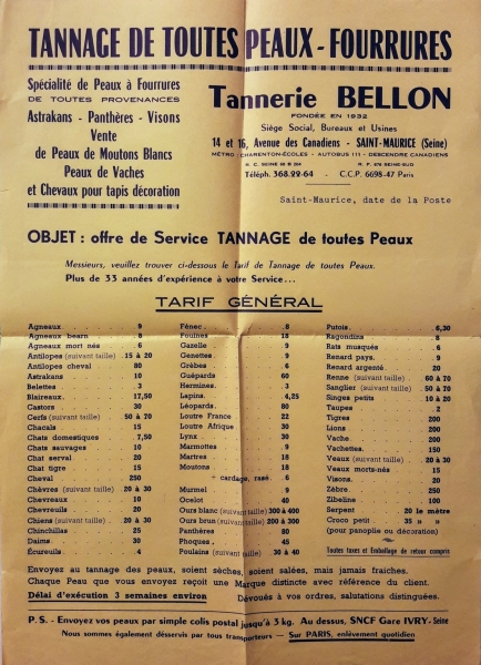 Tarifs tannage (Tannerie BELLON) - 1965