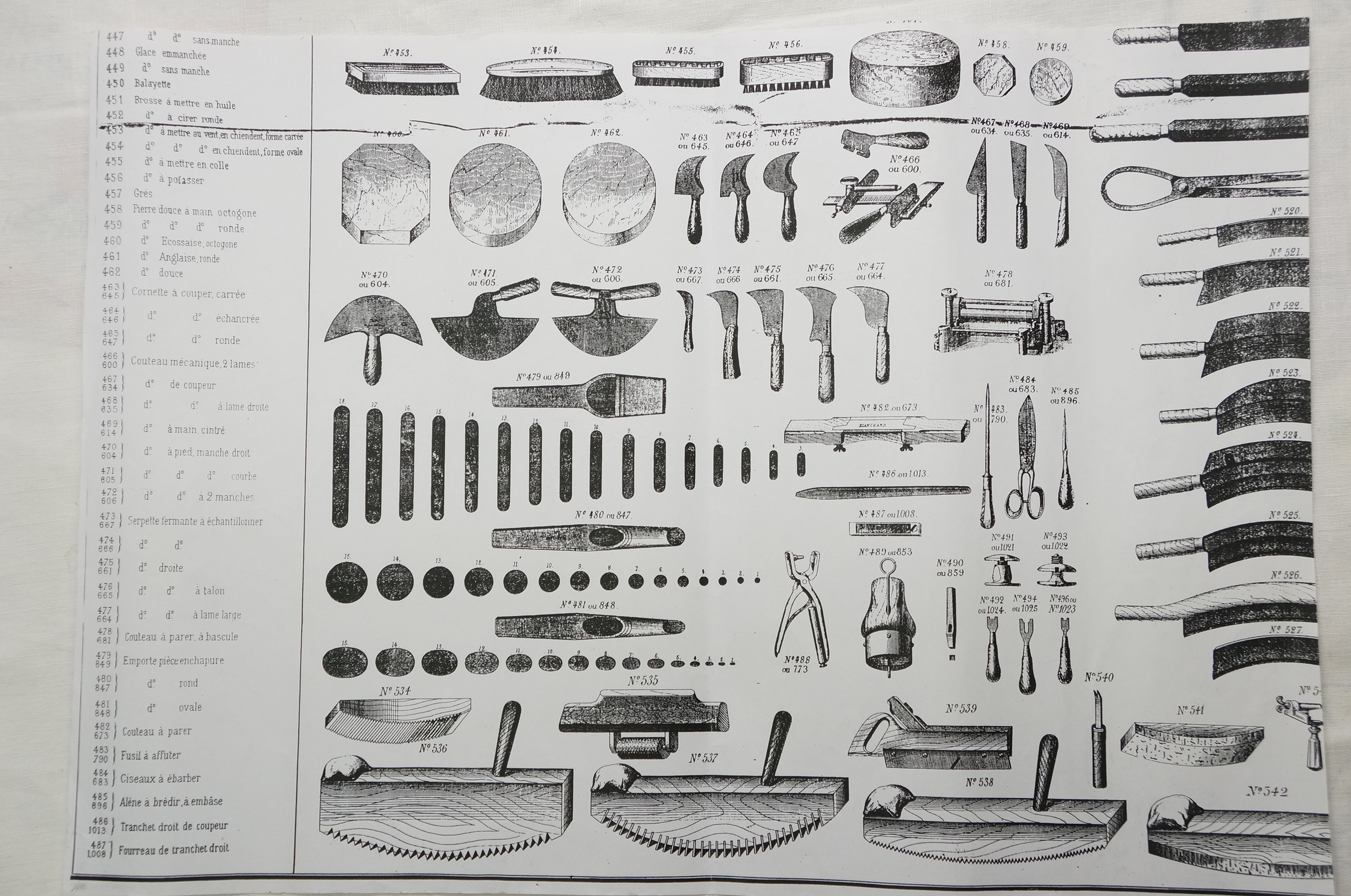 OUTILS ANCIENS - ART POPULAIRE :: Planches d'outils du cuir MAYER FLAMERY  et autres, liens etc